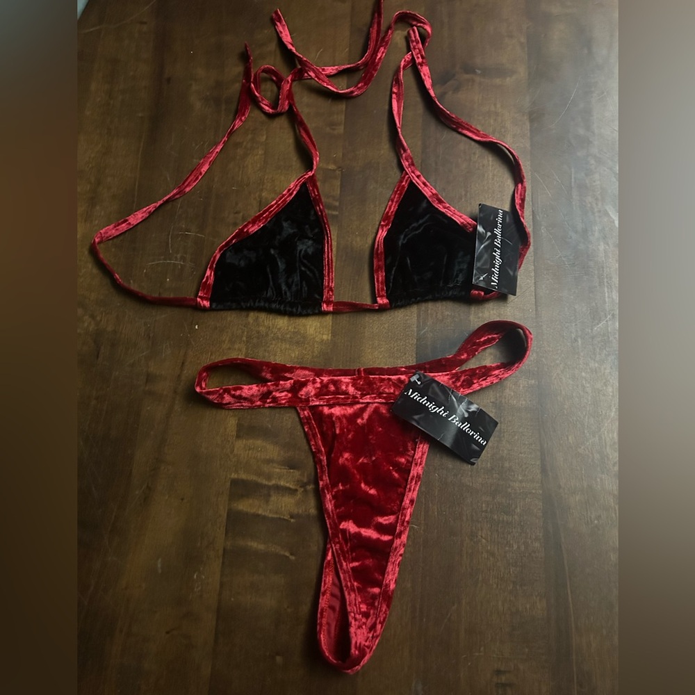 NWT Sexy Skimpy Midnight Ballerina Velvet Like Triangle Top Thong Bottom Bikini